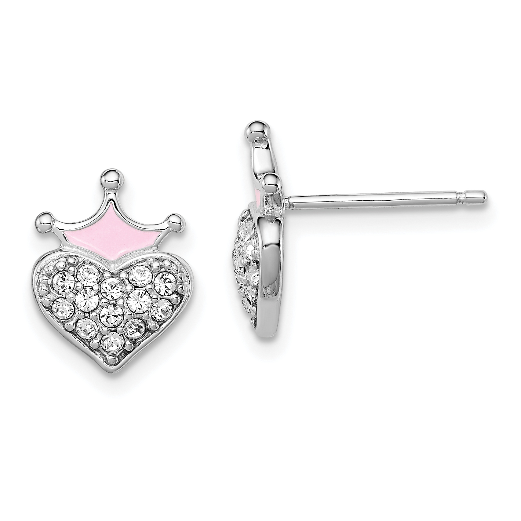 Sterling Silver Madi K Rhodium-plated Polished Pink Enamel & Crystal Crown Heart Children's Post Earrings (QGK133)