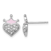 Sterling Silver Madi K Rhodium-plated Polished Pink Enamel Crown & Crystal Heart Post Earrings view 1