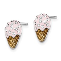 Sterling Silver Madi K Rhodium-plated Polished Enameled Pink & Brown Earrings with Crystal Accent Ice Cream Cone Post view 2