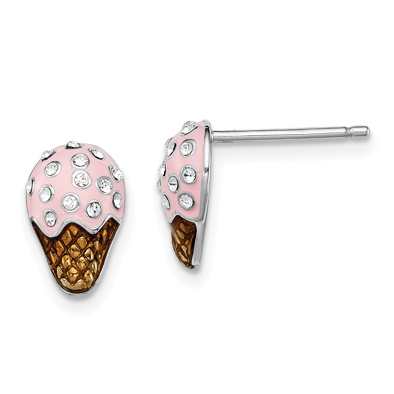 Sterling Silver Madi K Rhodium-plated Polished Pink & Brown Enameled & Crystal Ice Cream Children's Post Earrings (QGK142)