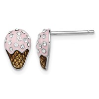 Sterling Silver Madi K Rhodium-plated Polished Enameled Pink & Brown Earrings with Crystal Accent Ice Cream Cone Post view 1