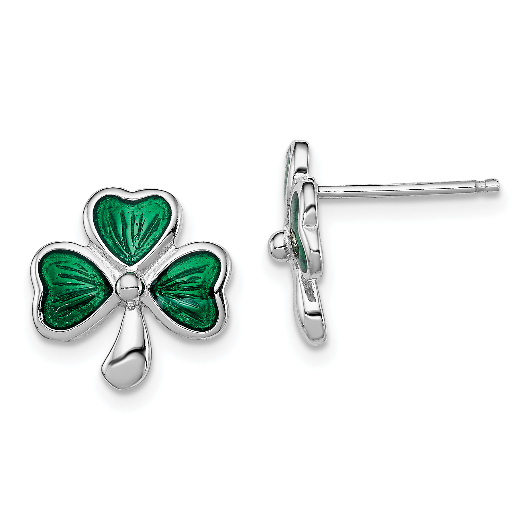 Sterling Silver Madi K Rhodium-plated Polished Green Enameled Shamrock Children's Post Earrings (QGK144)