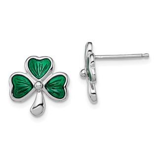 Sterling Silver Madi K Rhodium-plated Polished Green Enameled Shamrock Children's Post Earrings