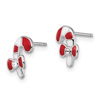 Sterling Silver Madi K Rhodium-plated Polished Enameled Red and White Earrings with Crystal Accent Candy Cane Post view 2