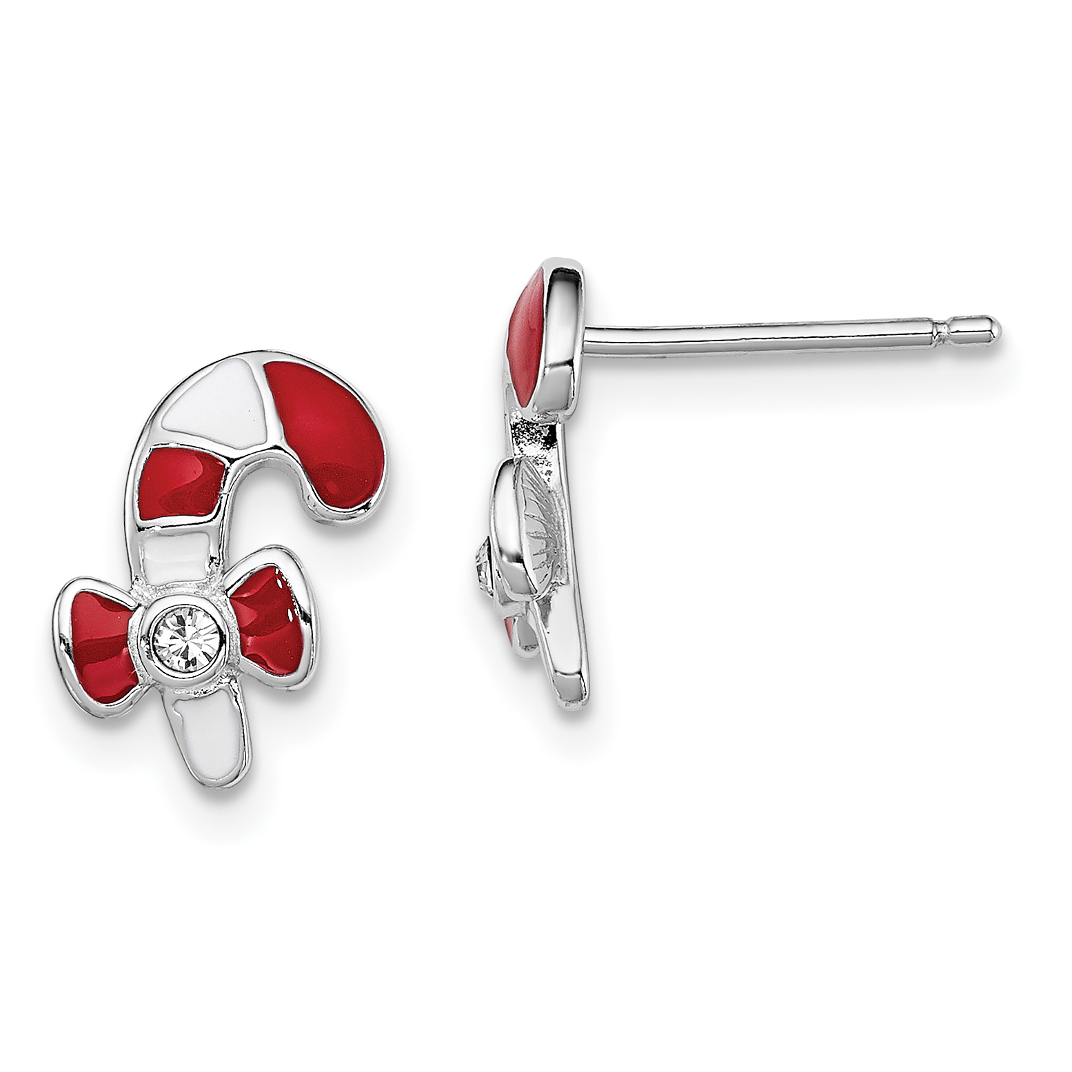 Sterling Silver Madi K Rhodium-plated Polished Red & White Enameled & Crystal Candy Cane Children's Post Earrings (QGK146)