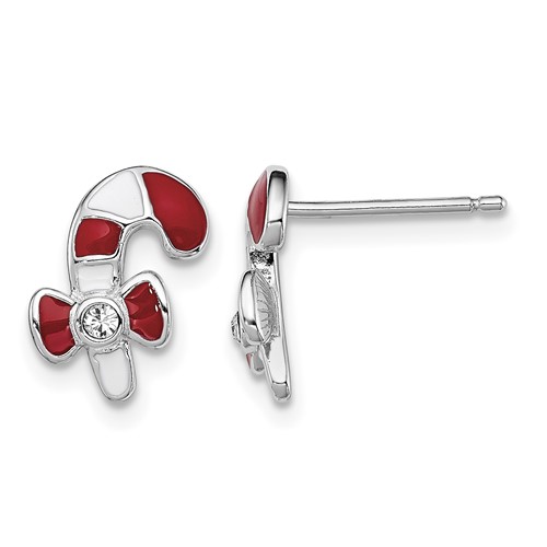 Sterling Silver Madi K Rhodium-plated Polished Enameled Red and White Earrings with Crystal Accent Candy Cane Post