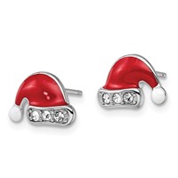 Sterling Silver Madi K Rhodium-plated Polished Enameled Red and White Earrings with Crystal Trim Santa Hat Post view 2