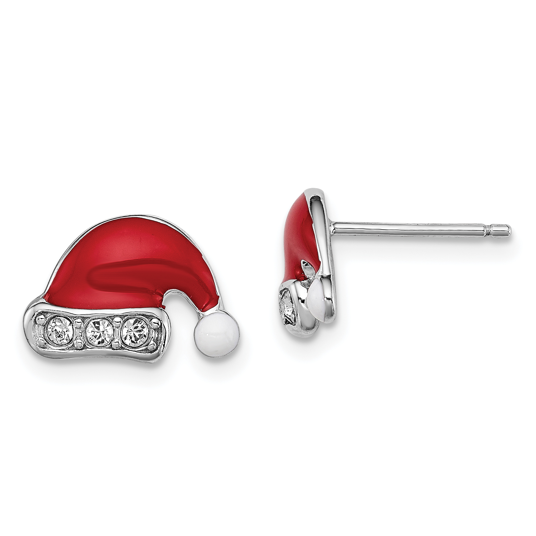 Sterling Silver Madi K Rhodium-plated Polished Red & White Enameled & Crystal Santa Hat Children's Post Earrings (QGK147)
