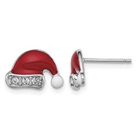 Sterling Silver Madi K Rhodium-plated Polished Enameled Red and White Earrings with Crystal Trim Santa Hat Post view 1
