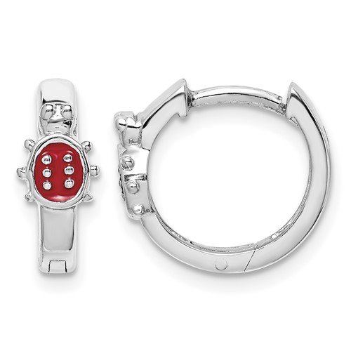 Sterling Silver Madi K Rhodium-plated Polished Red Enameled Ladybug Round Hoop Earrings