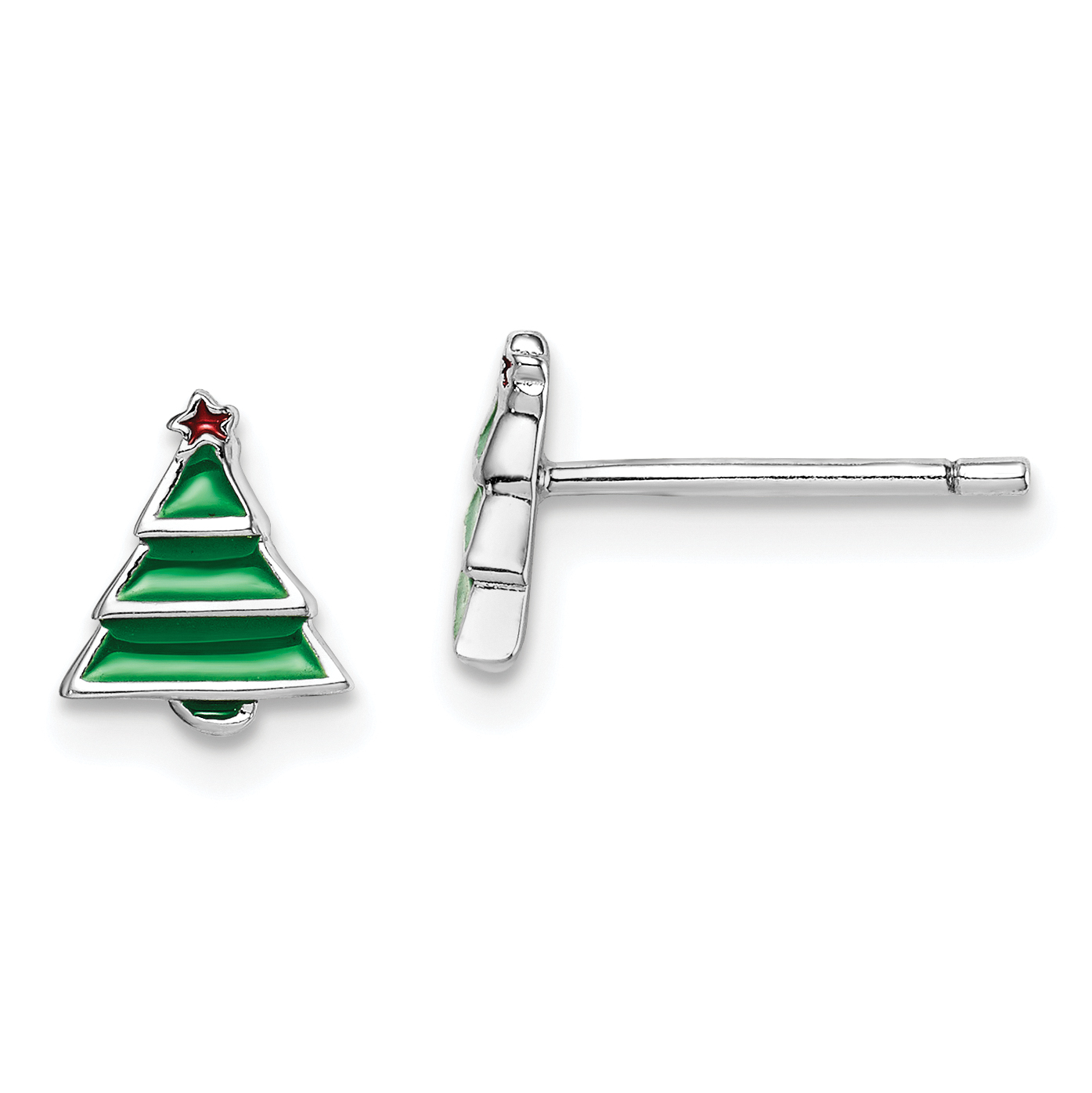 Sterling Silver Madi K Rhodium-plated Polished Green & Red Enameled Christmas Tree Children's Post Earrings (QGK186)