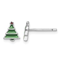 Sterling Silver Madi K Rhodium-plated Polished Enameled Green Christmas Tree Earrings with Red Star Post view 1