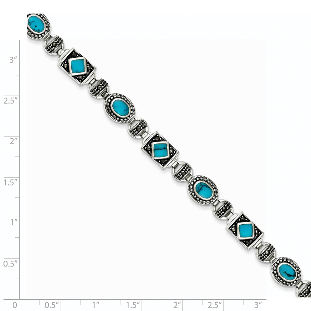 Sterling Silver Rhodium-plated Synth Turquoise and Marcasite Bracelet (QH1035-7)