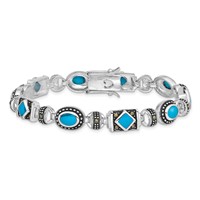 Sterling Silver Rhodium-plated Lab Created Turquoise and Marcasite Bracelet - 7in view 3