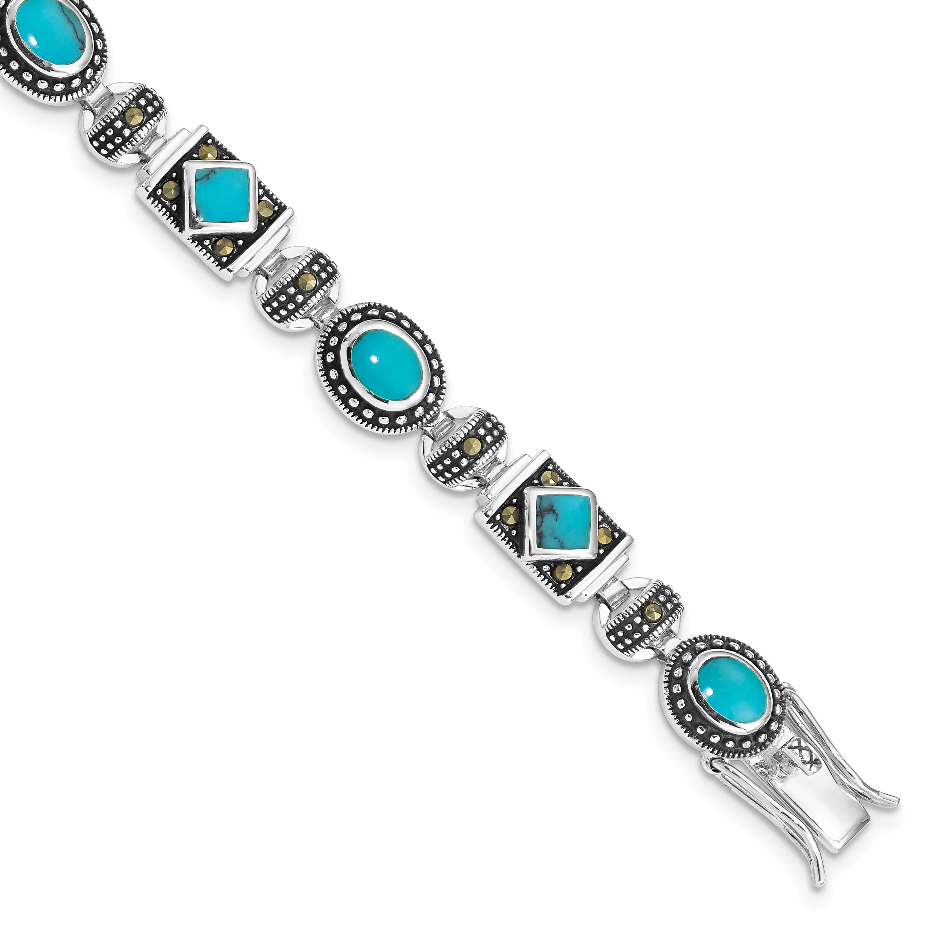 Sterling Silver Rhodium-plated Synth Turquoise and Marcasite Bracelet (QH1035-7)