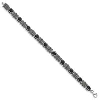 Sterling Silver Rhodium-plated Marcasite and Oval Onyx Cabochon Bracelet, 7.25" view 2