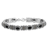 Sterling Silver Rhodium-plated Marcasite and Oval Onyx Cabochon Bracelet, 7.25" view 3