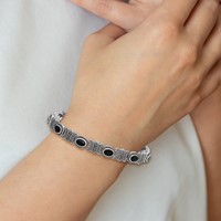 Sterling Silver Rhodium-plated Marcasite and Oval Onyx Cabochon Bracelet, 7.25" view 4