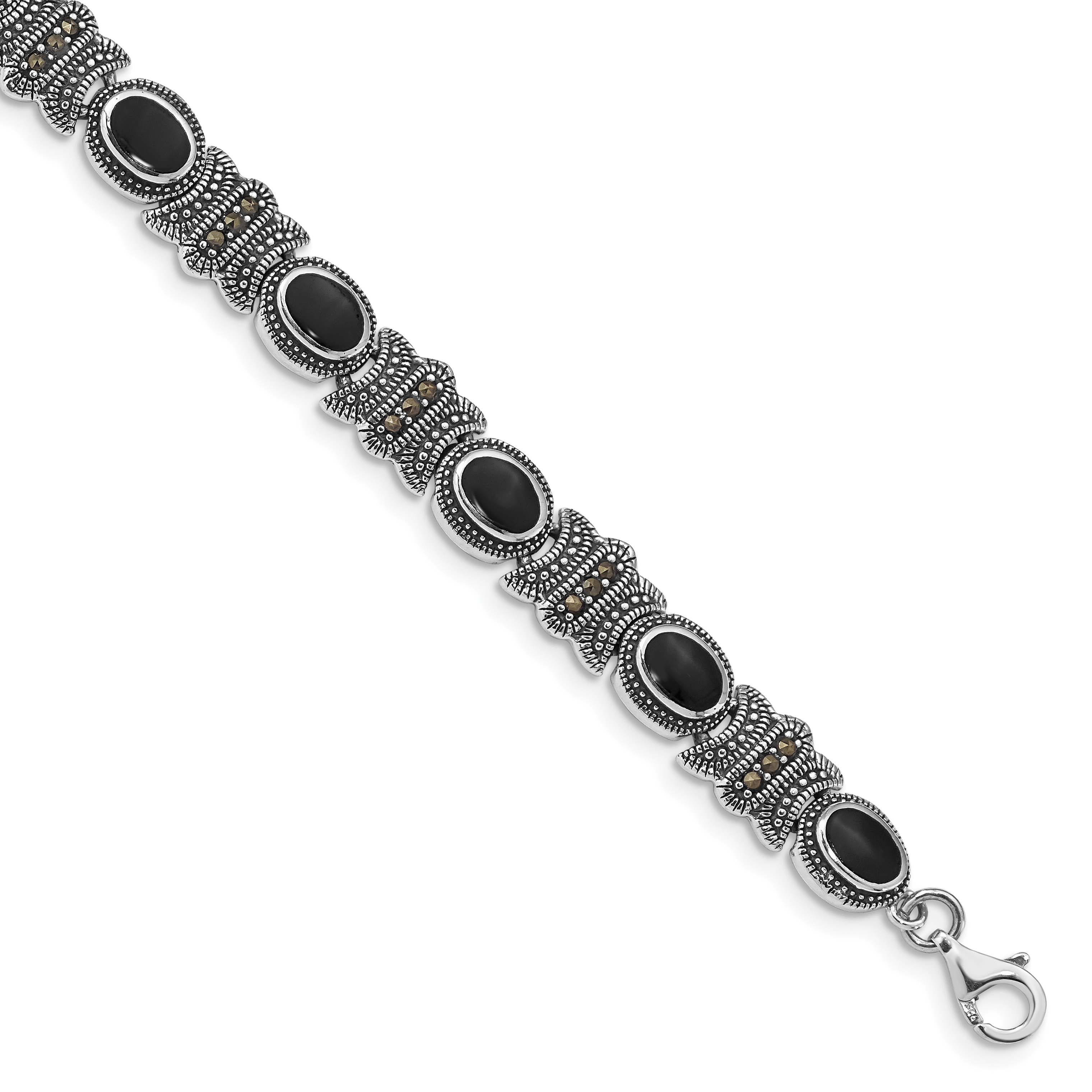 Sterling Silver Rhodium-plated Marcasite and Onyx 7.25 inch Bracelet (QH1043-7.25)