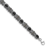 Sterling Silver Rhodium-plated Marcasite and Oval Onyx Cabochon Bracelet, 7.25" view 1