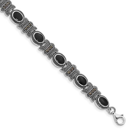 Sterling Silver Rhodium-plated Marcasite and Oval Onyx Cabochon Bracelet, 7.25"