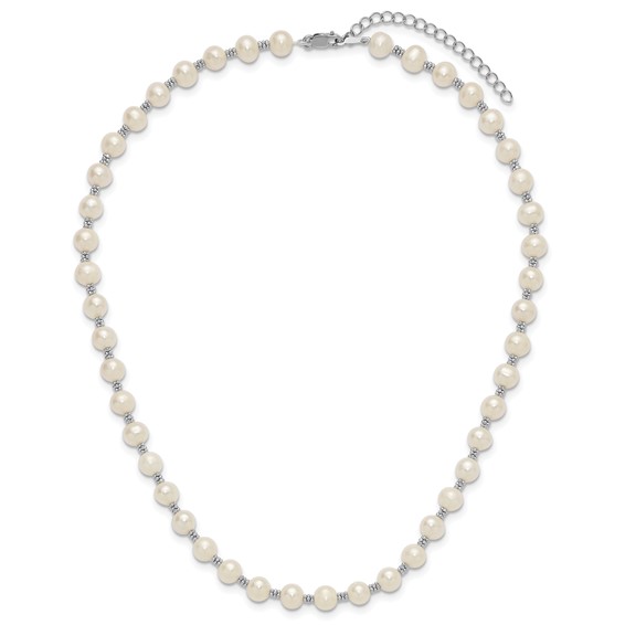 Sterling Silver Rhodium-plated 6-7mm White Round Freshwater Cultured Pearl 16 inch with 2 inch Extension Necklace