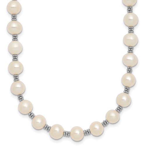 Sterling Silver Rhodium-plated 6-7mm White Round Freshwater Cultured Pearl Necklace with 2 Inch Extension, 16"