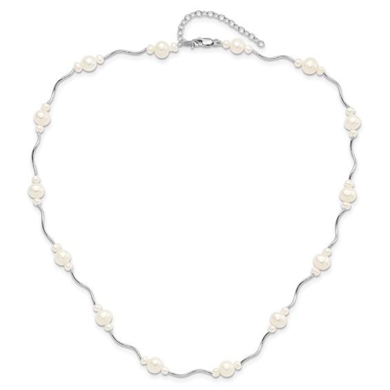 Sterling Silver Rhodium-plated 3-7mm White Near-Round Freshwater Cultured Pearl 13-Station 16 inch with 2.5 inch Extension Necklace