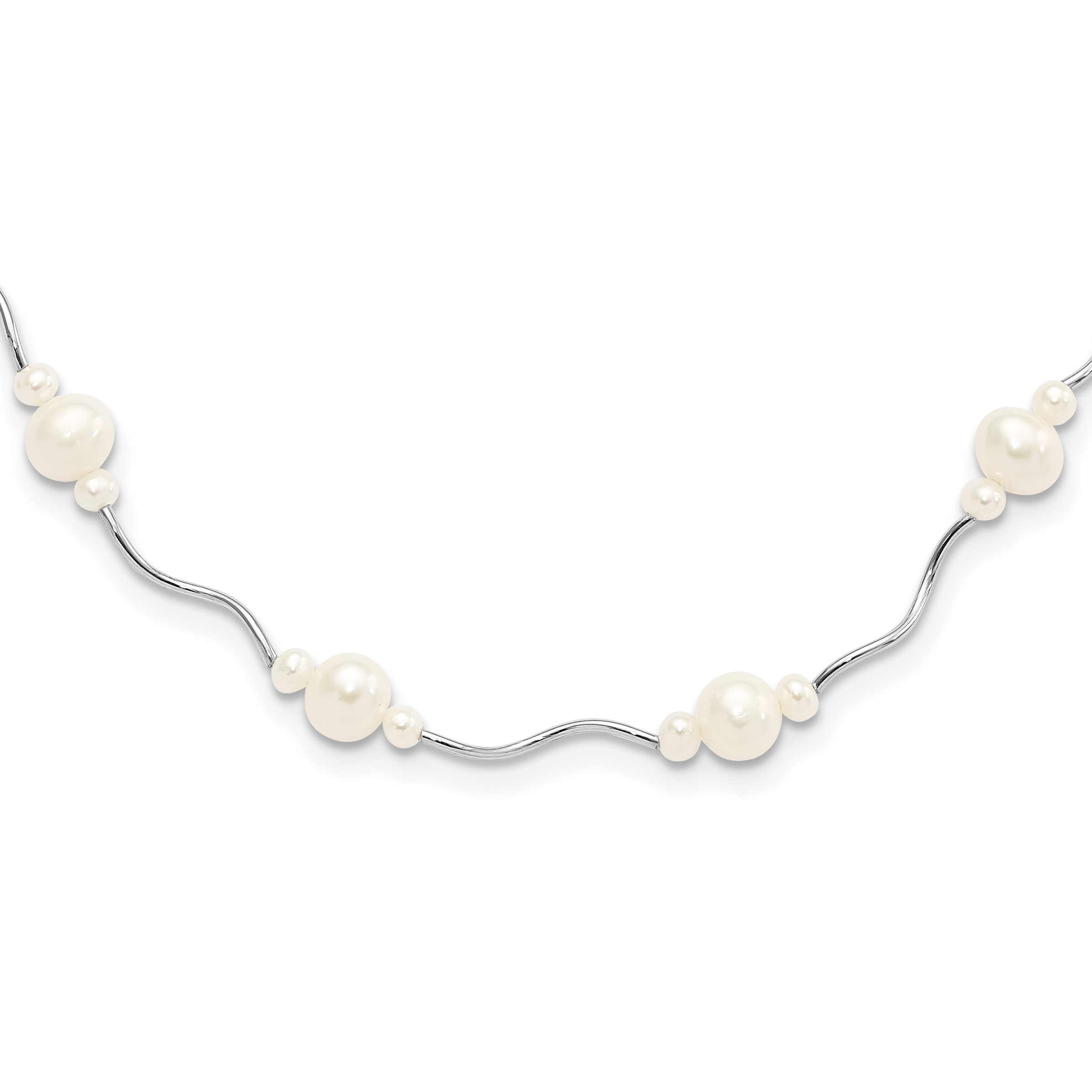 Sterling Silver Rhodium-plated 3-7mm White Near-Round Freshwater Cultured Pearl 13-Station 16 inch with 2.5 inch Extension Necklace (QH1085-16)