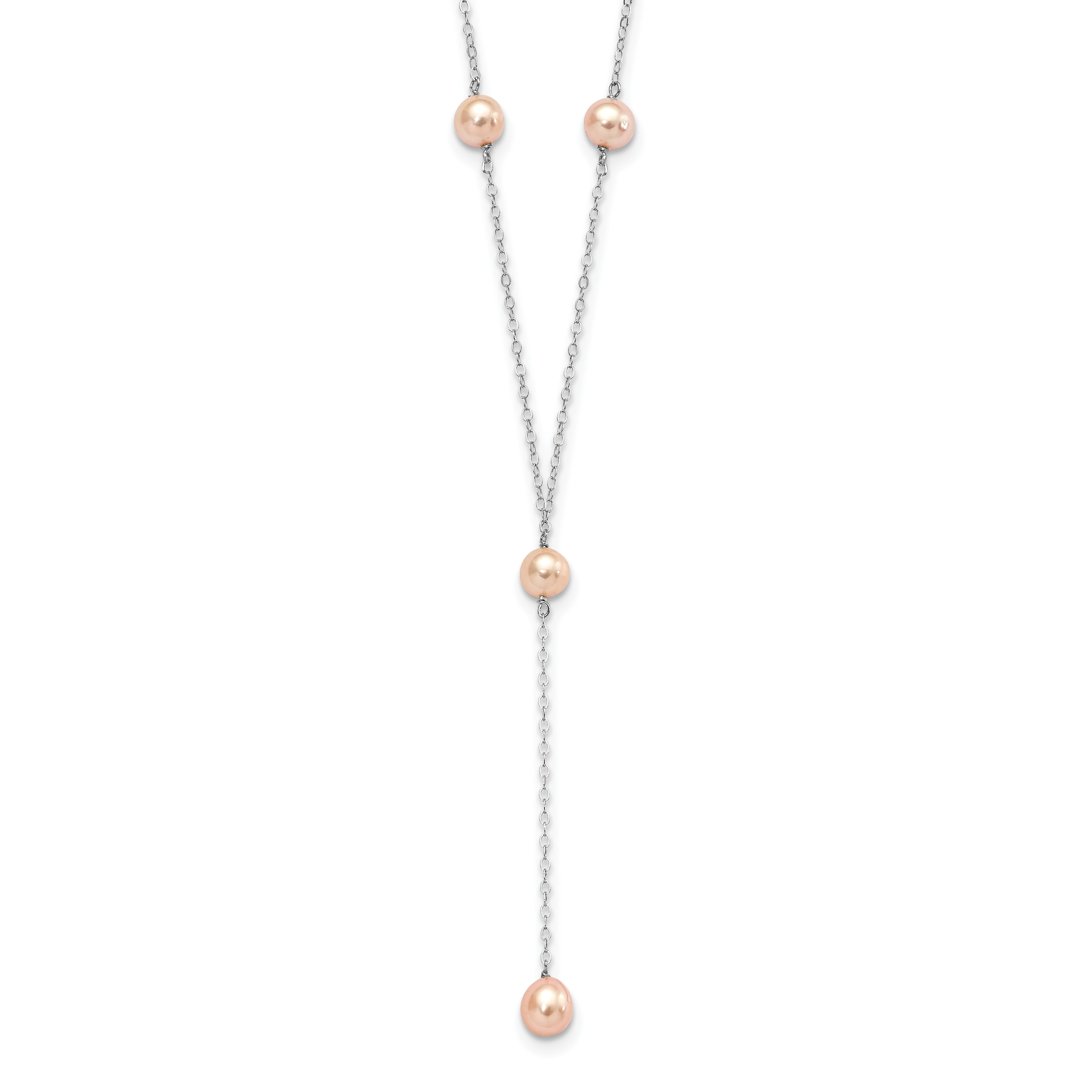 Sterling Silver Rhodium-plated 6-8mm Pink Teardrop and Semi-Round Freshwater Cultured Pearl 6-Station Y-Drop 16 inch Necklace (QH1153-16)