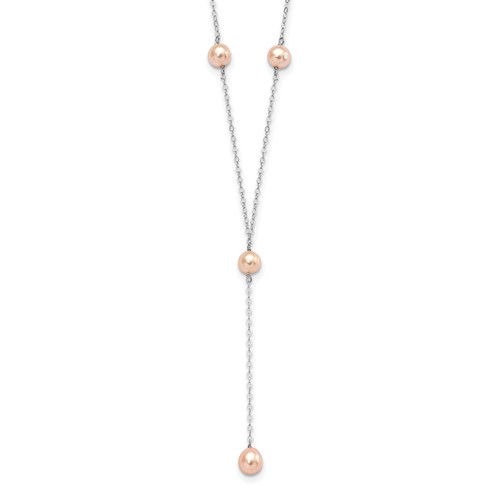 Sterling Silver Rhodium-plated 6-8mm Pink Teardrop and Semi-Round Freshwater Cultured Pearl 6-Station Y-Drop Necklace, 16"