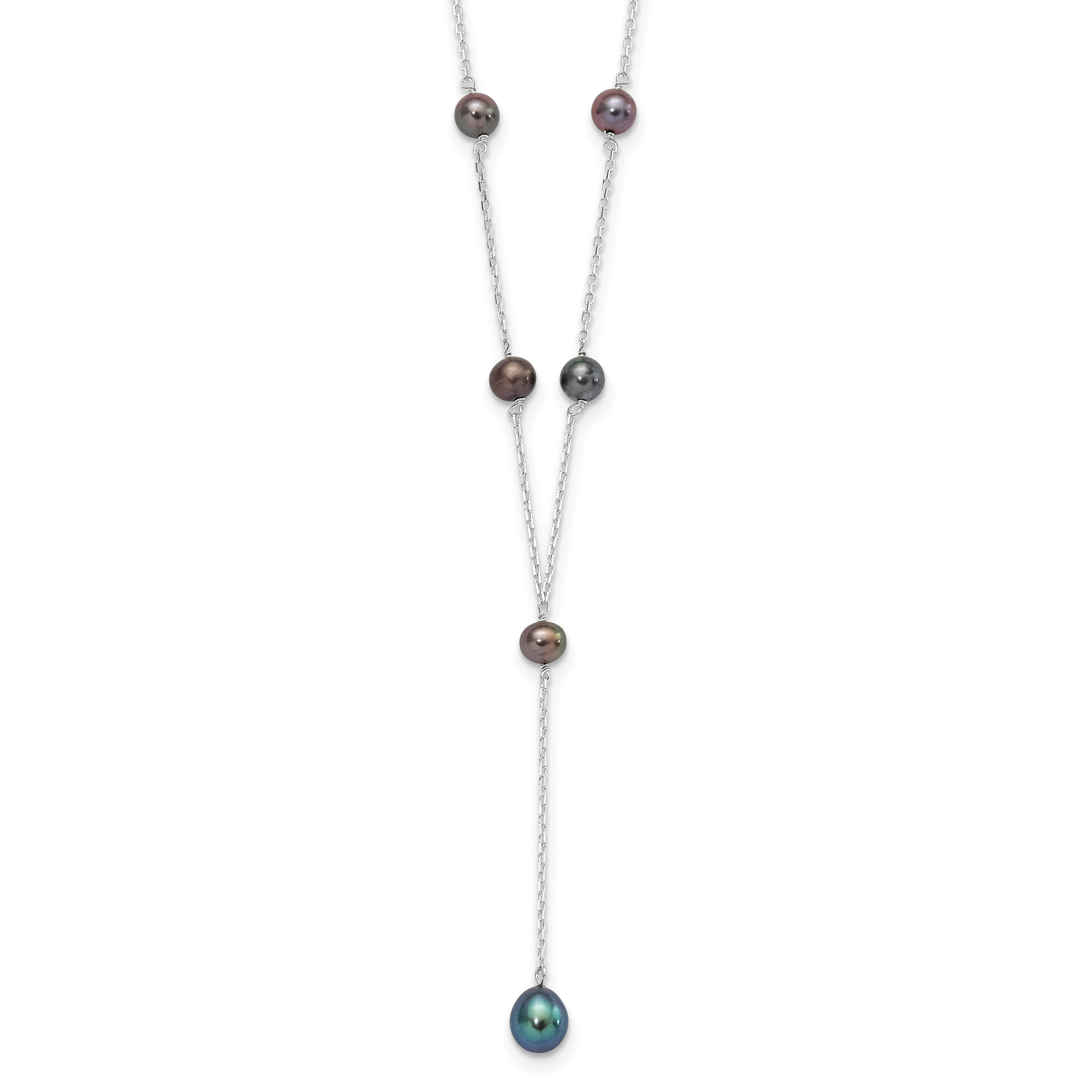 Sterling Silver Rhodium-plated 6-8mm Black Teardrop and Semi-Round Freshwater Cultured Pearl 6-Station Y-Drop 16 inch Necklace (QH1154-16)