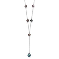 Sterling Silver Rhodium-plated 6-8mm Black Teardrop and Semi-Round Freshwater Cultured Pearl 6-Station Y-Drop Necklace, 16" view 1