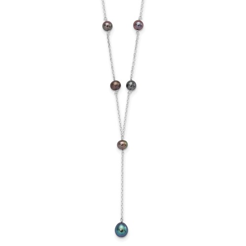 Sterling Silver Rhodium-plated 6-8mm Black Teardrop and Semi-Round Freshwater Cultured Pearl 6-Station Y-Drop Necklace, 16"