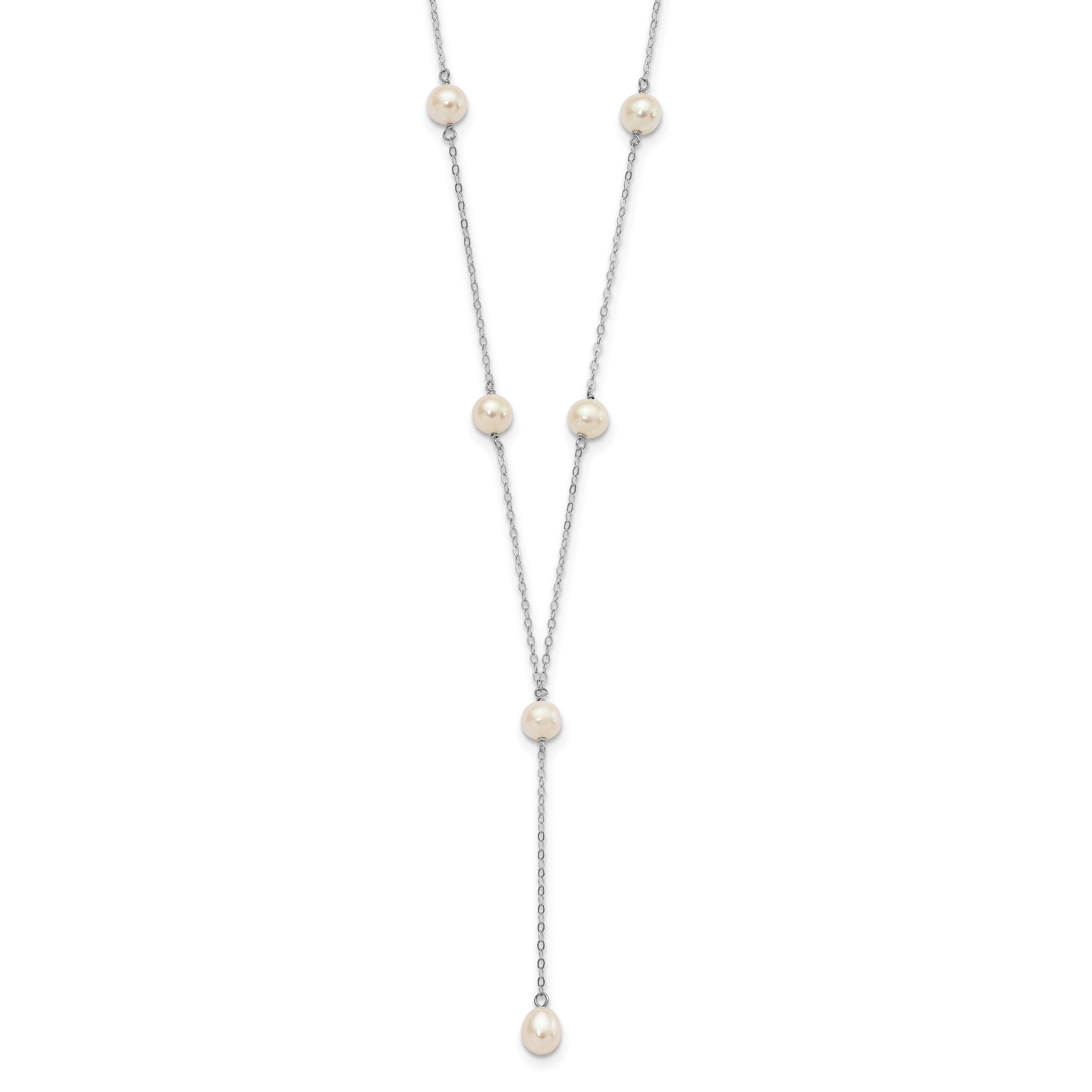 Sterling Silver Rhodium-plated 6-8mm White Teardrop and Semi-Round Freshwater Cultured Pearl 6-Station Y-Drop 16 inch Necklace (QH1155-16)