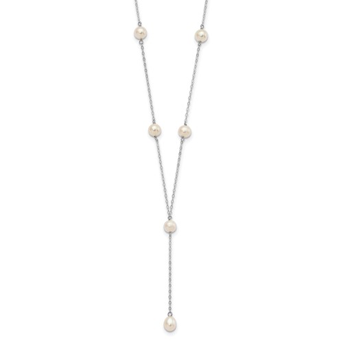 Sterling Silver Rhodium-plated 6-8mm White Teardrop and Semi-Round Freshwater Cultured Pearl 6-Station Y-Drop Necklace, 16"