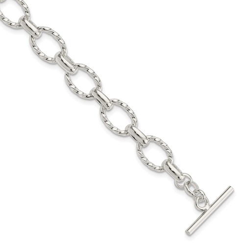 Sterling Silver Polished Textured Fancy Link Toggle Bracelet, 7.75"