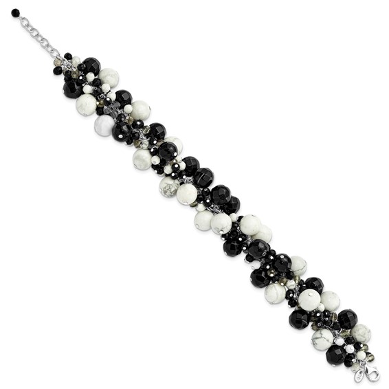 Sterling Silver Howlite/ Black & Smoky Quartz Crystal Bracelet