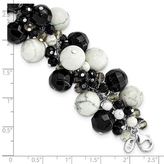 Sterling Silver Howlite/ Black & Smoky Quartz Crystal Bracelet
