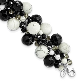Sterling Silver Howlite/ Black & Smoky Quartz Crystal Bracelet