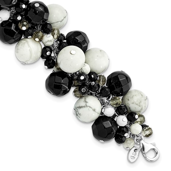 Sterling Silver Howlite/ Black & Smoky Quartz Crystal Bracelet