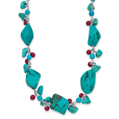 Sterling Silver Dyed Howlite Turquoise Red Coral Necklace, 16"