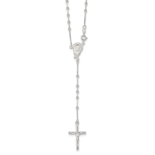 Sterling Silver Polished Bead Rosary Necklace - 18in