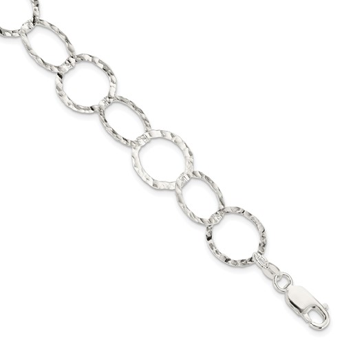 Sterling Silver Polished Hammered 15mm Circle Link Bracelet, 7.5"