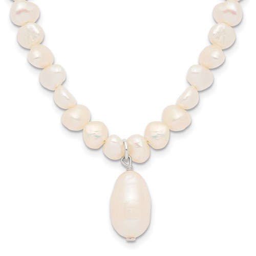 Sterling Silver Baroque and Rice Freshwater Cultured Pearl Drop Necklace with 2 Inch Extension, 18"
