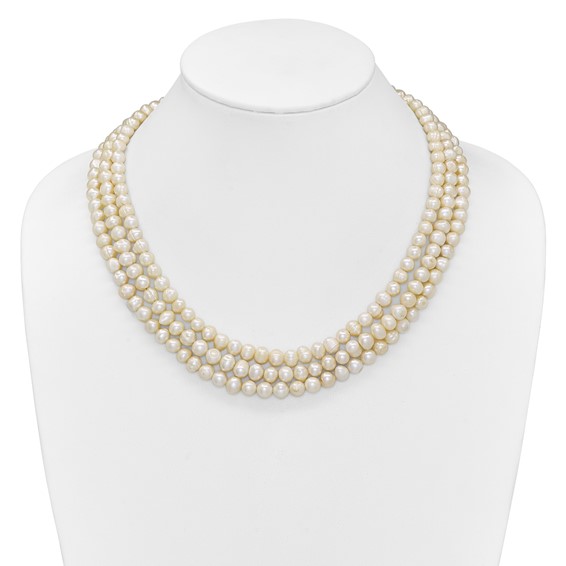 Sterling Silver Triple Strand White FW Cultured Pearl Necklace