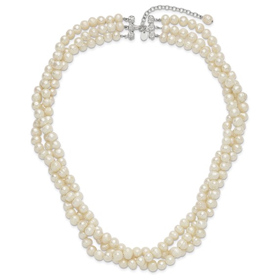 Sterling Silver Triple Strand White FW Cultured Pearl Necklace