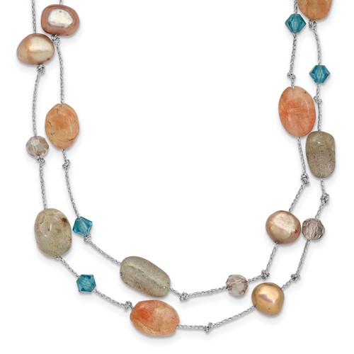 Labradorite Red Moonstone Freshwater Cultured Pearl Crystal 2-Strand Necklace, 16"
