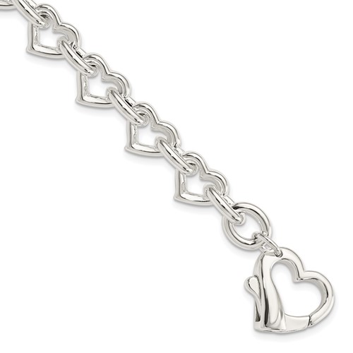 Sterling Silver Polished Fancy Heart Link Bracelet, 7.5"