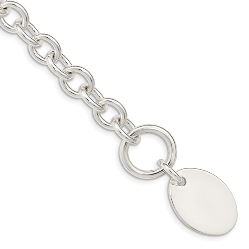 Sterling Silver Engravable 25x 17mm Oval Disc Fancy Cable Link Toggle Bracelet, 7.5"
